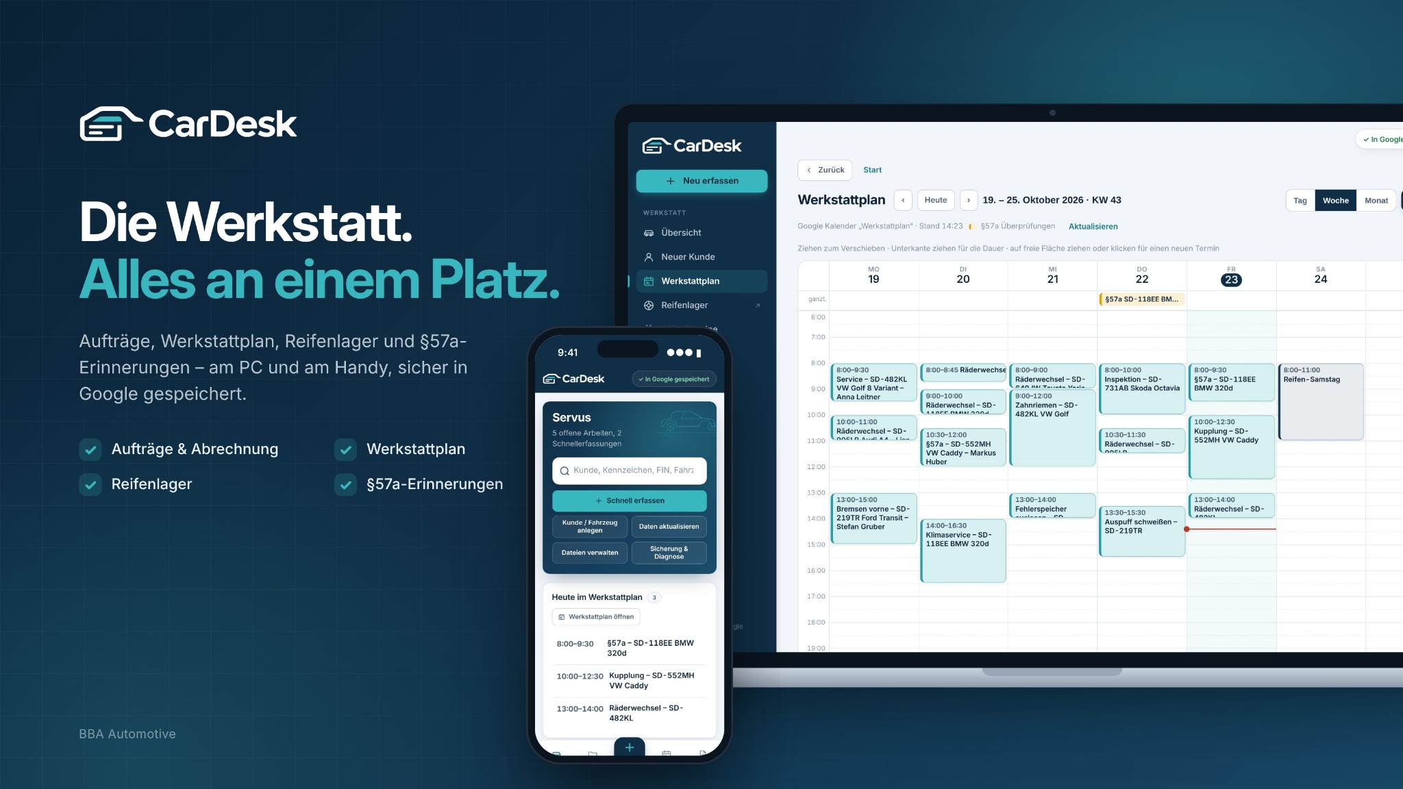 CarDesk: Produktansicht mit Werkstattkalender am PC und Auftragsübersicht am Handy